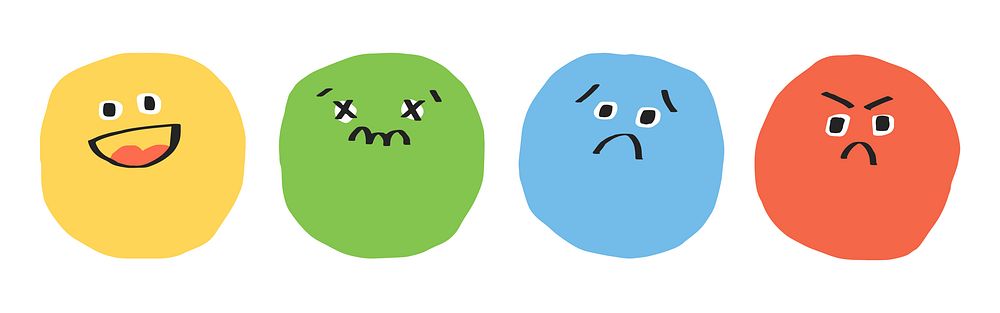 Colorful cartoon faces with different emotions: happy, sad, angry, and confused. Bright, expressive faces in yellow, green…