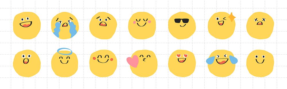 Set of 15 yellow emoji faces with various expressions: happy, sad, surprised, and cool. Emoji faces convey emotions like…