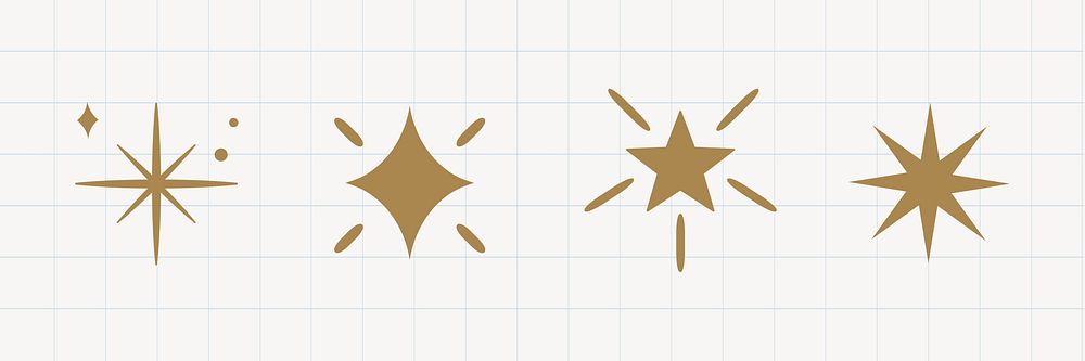 Set of four gold star icons on a grid background. Each star icon is unique, featuring different shapes and styles. Gold star…