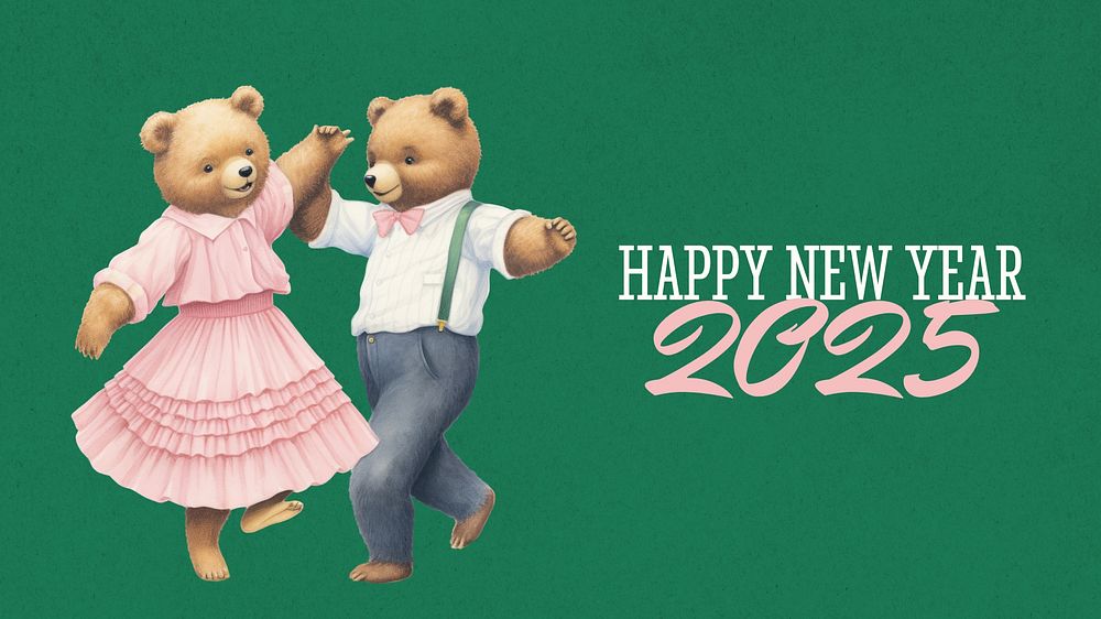 Dancing bears celebrate New Year, greeting card