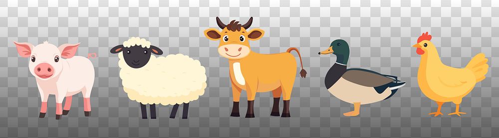 Cute farm animal illustrations, vector element set