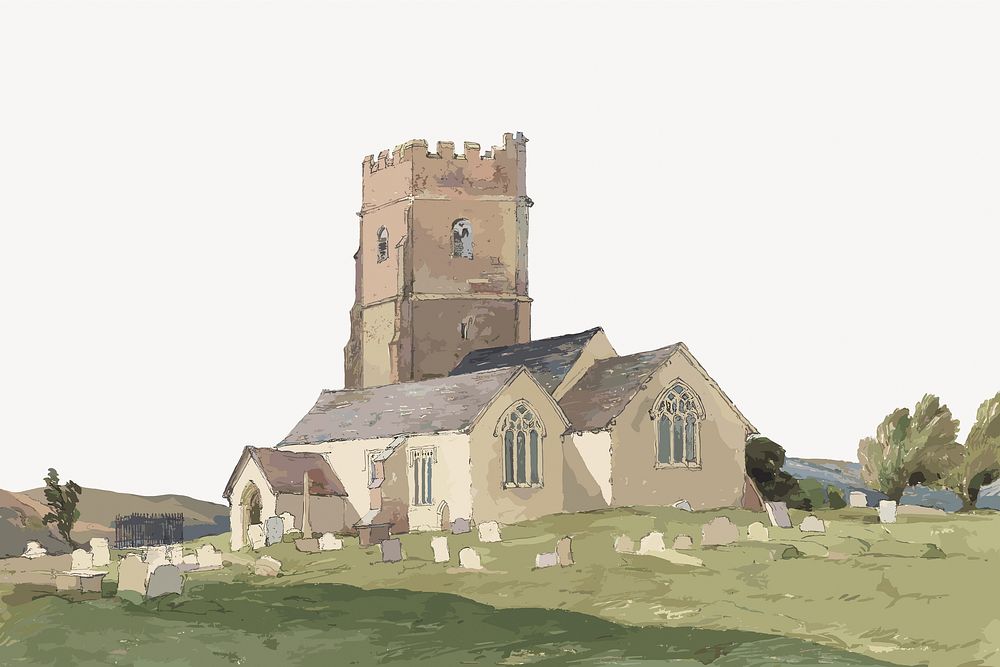 Countryside church watercolor border from Rev. James Bulwer artwork, vector element. Remixed by rawpixel.