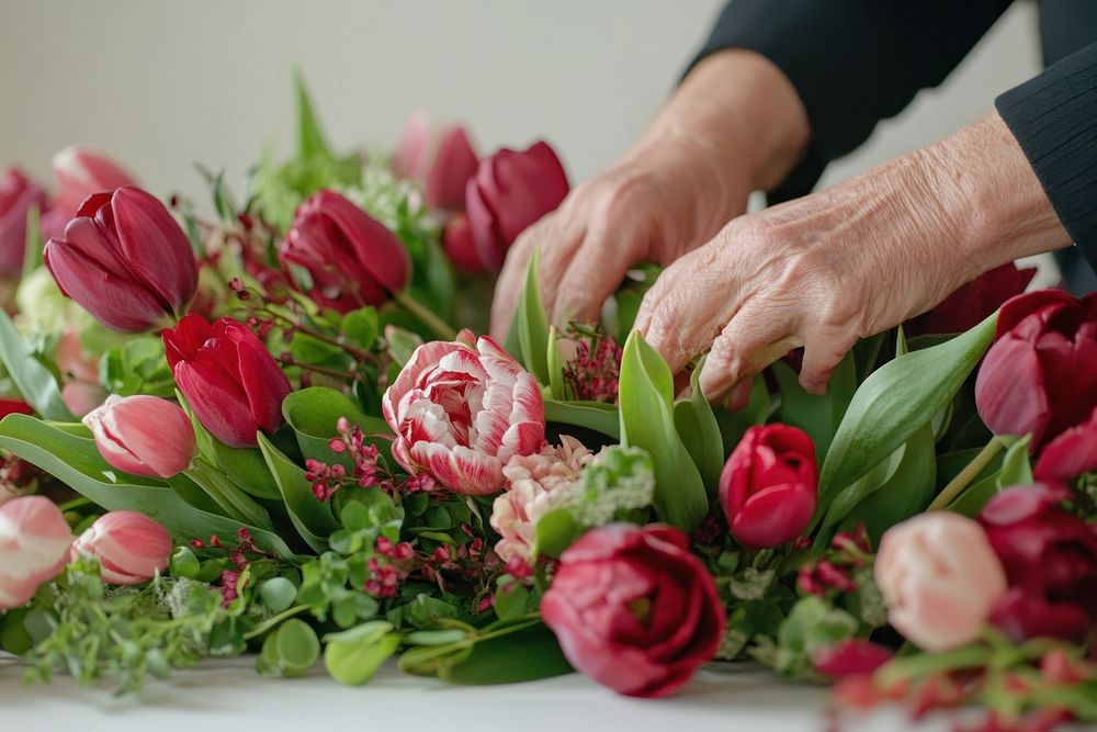 Hands crafting tulip arrangements flowers tulips floral.