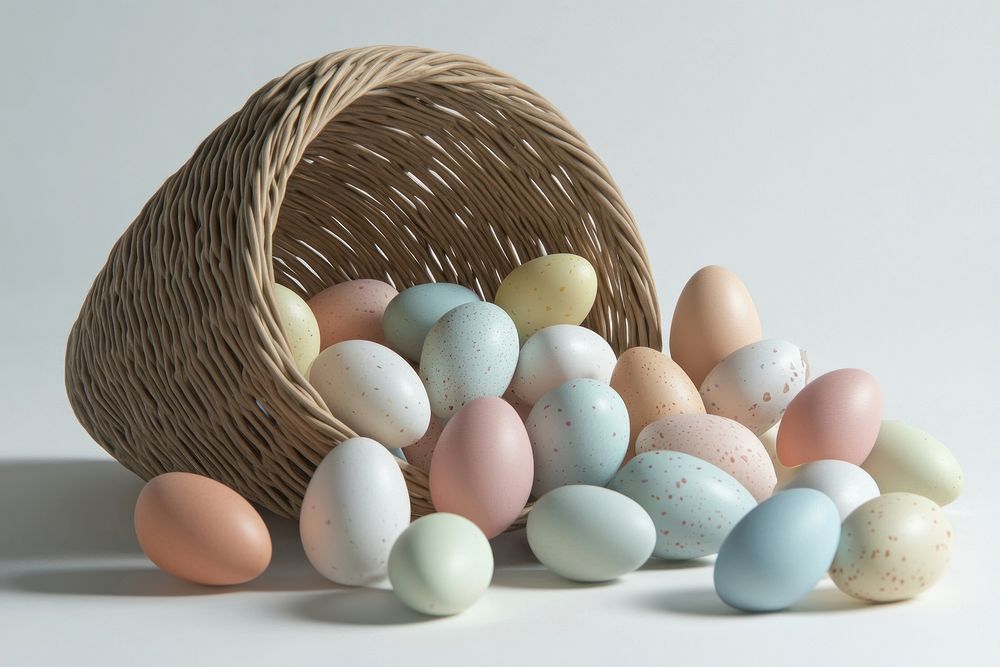 Easter eggs spilling out basket colorful pastel.