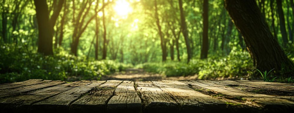 Empty wooden table top sunlight nature forest.