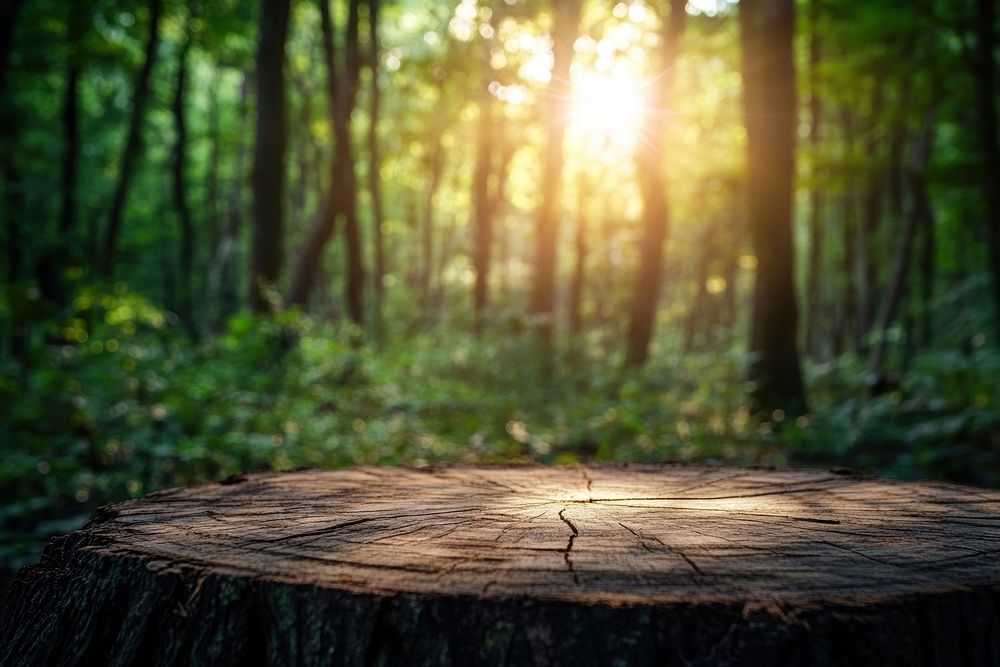 Empty wooden table top sunlight nature forest.