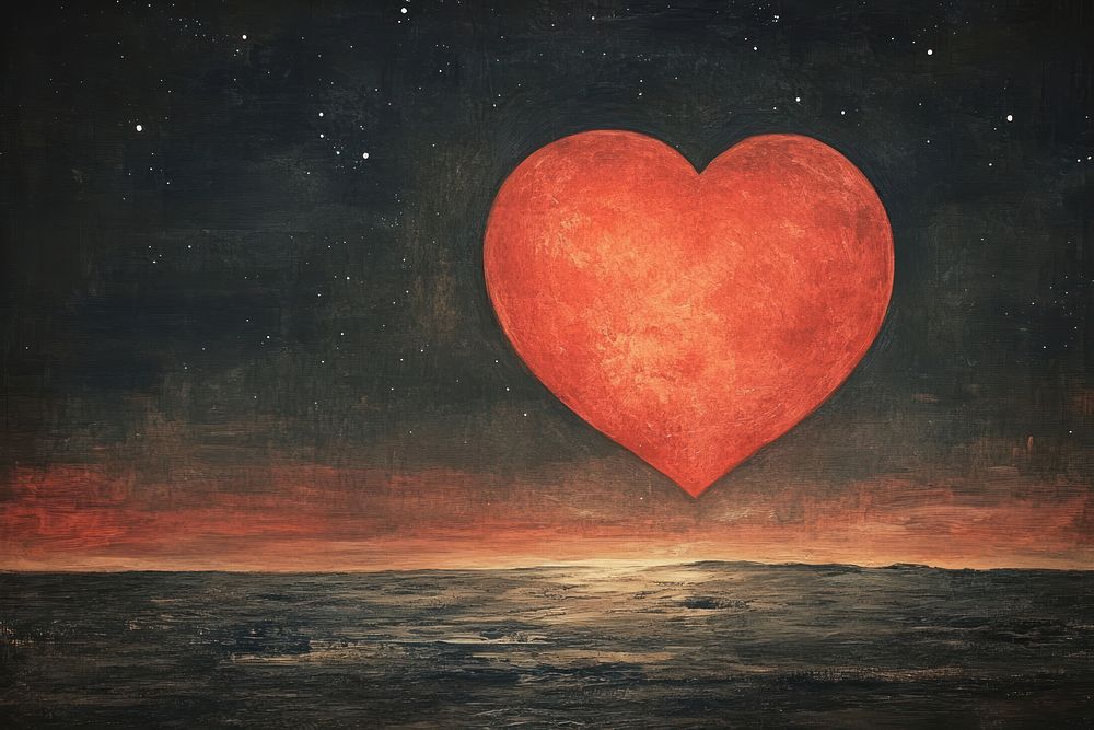 Red moon heart shape night background scene.