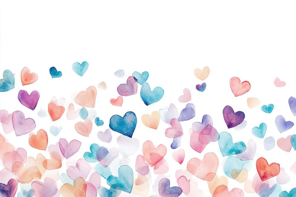 Pastel hearts confetti falling border watercolor background colorful.