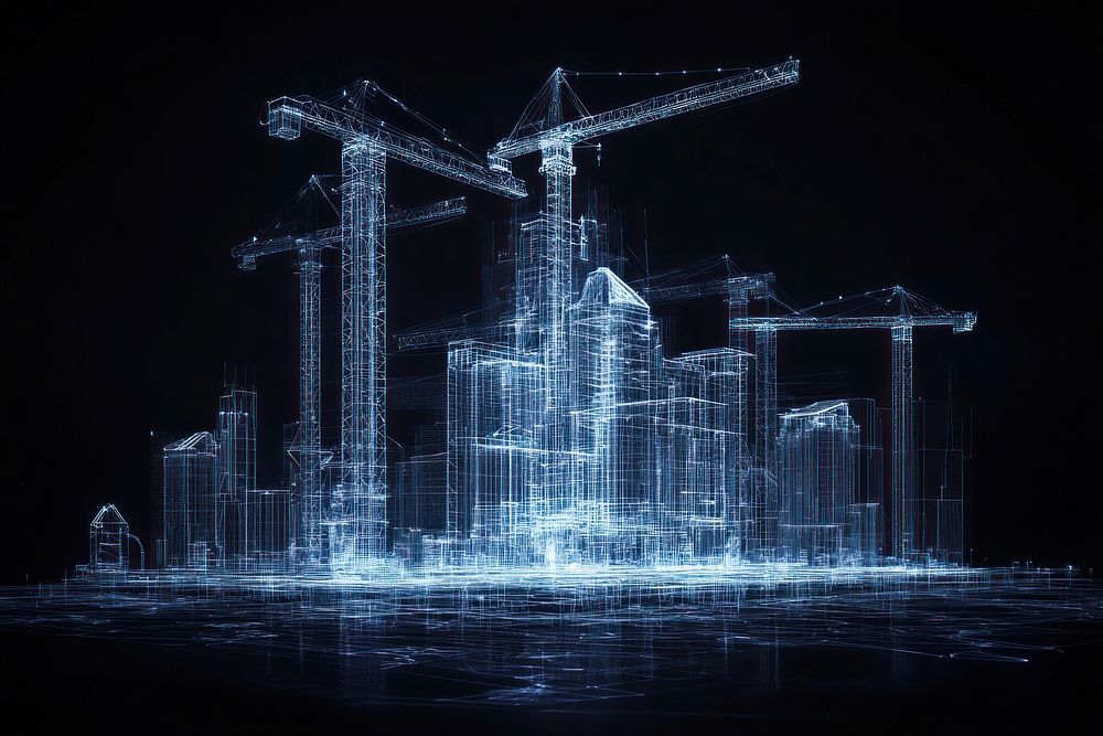 Glowing wireframe of buildings or cranes on center construction futuristic blueprint.