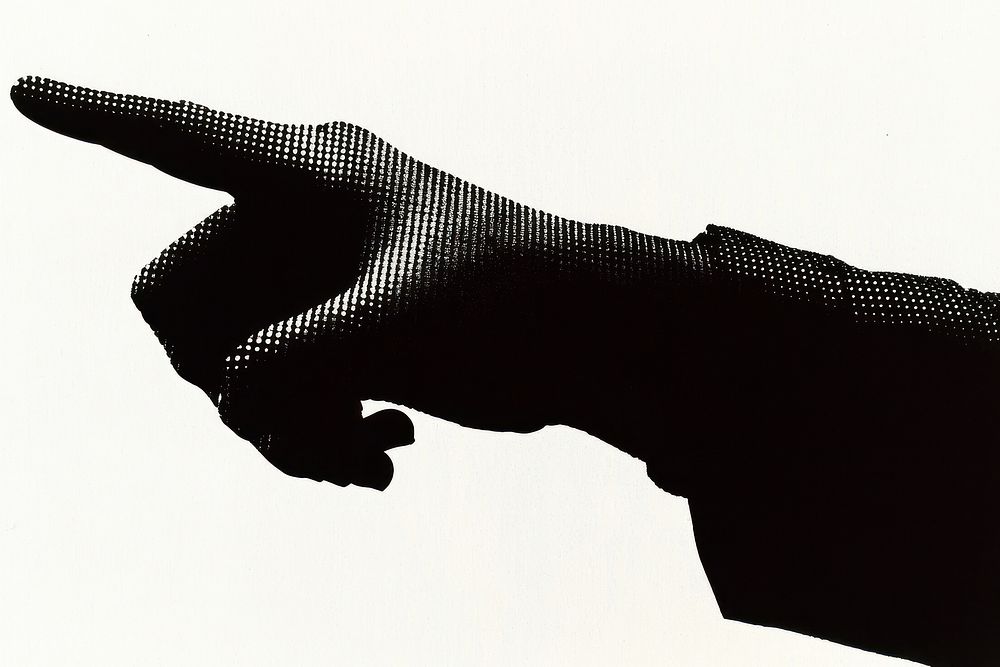 Hand pointing black white illustration.