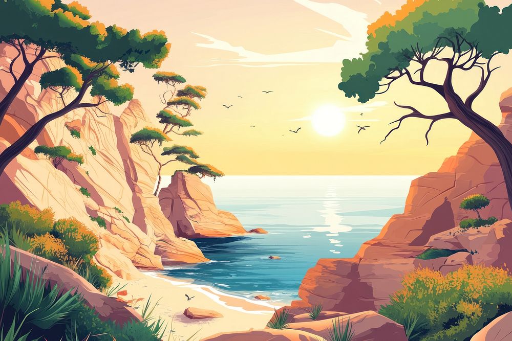 Seascape trees illustration landscape.