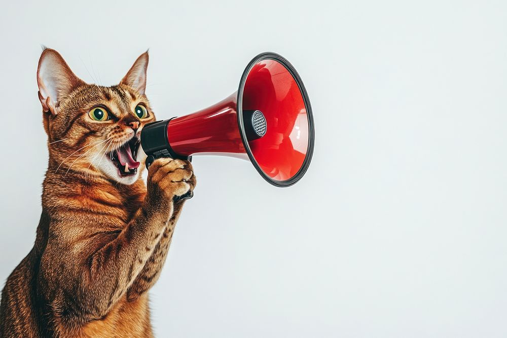 A Abbyssinian cat holding a megaphone animal photo pet.