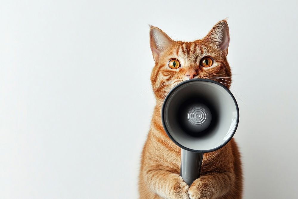 A cat holding a megaphone photo photography animal.