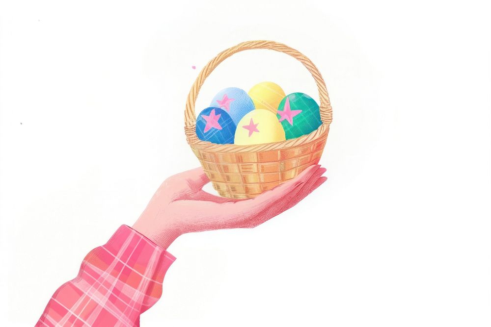 Hand holding easter basket eggs illustration colorful.