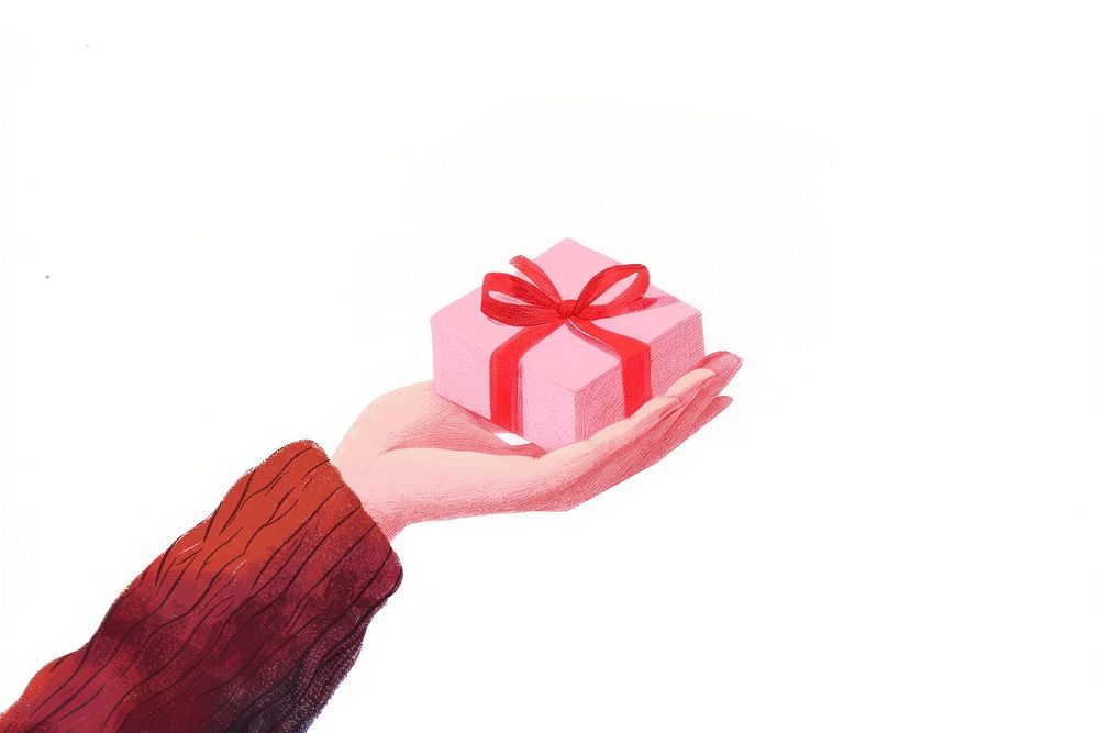 Hand holding chocolate box gift illustration ribbon.