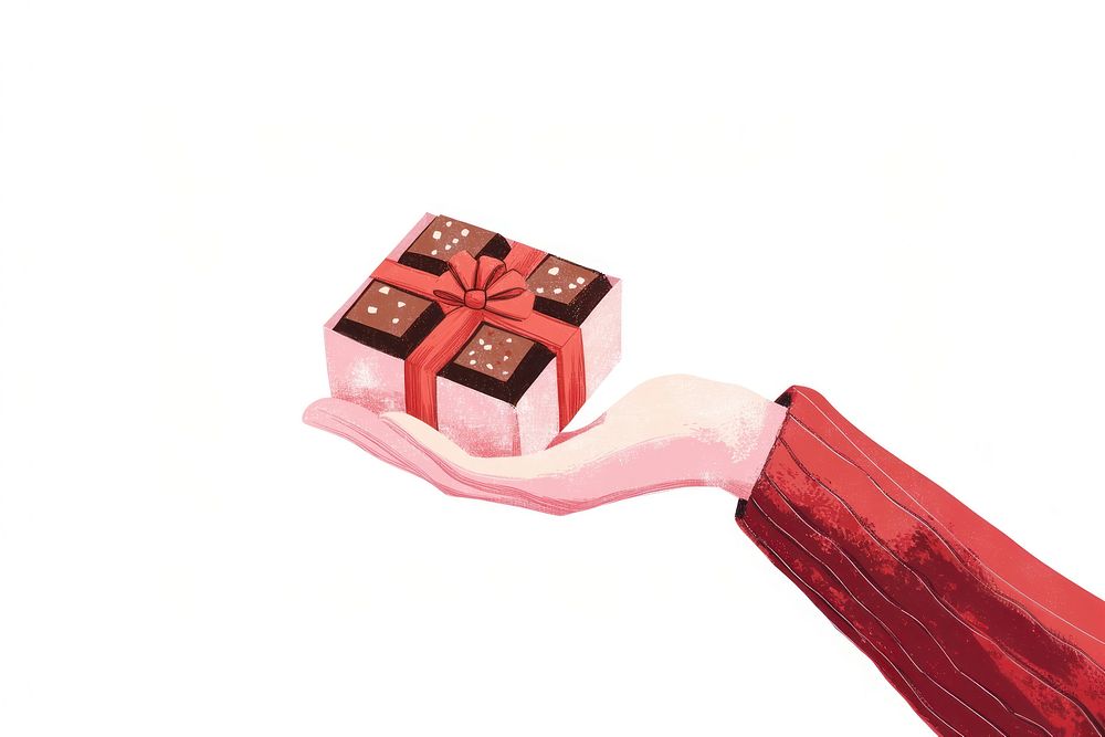 Hand holding chocolate box illustration ribbon gift.