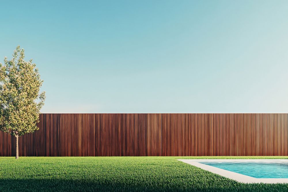 A modern grass backyard with a wooden fence and a swimming pool minimalist outdoors landscape.