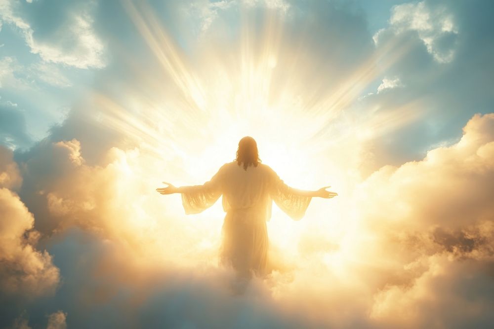 Jesus is standing in the clouds sky sunlight person.