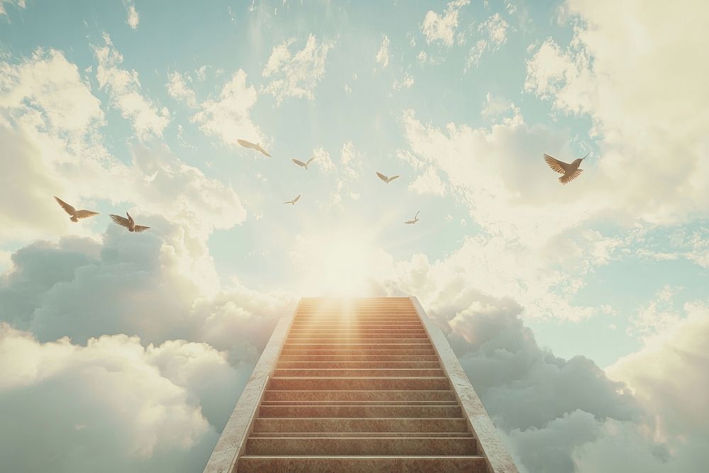 Straight staircase leading to the sky sunlight birds atmosphere.