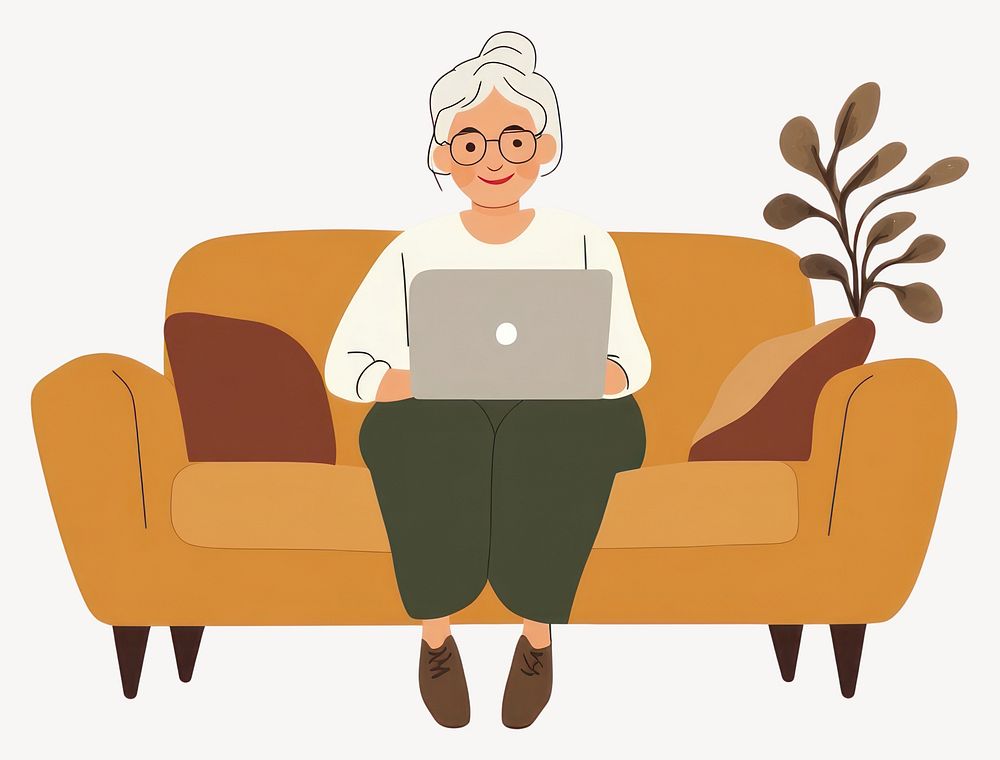 Woman useing laptop on brown sofa illustration art electronics  vector