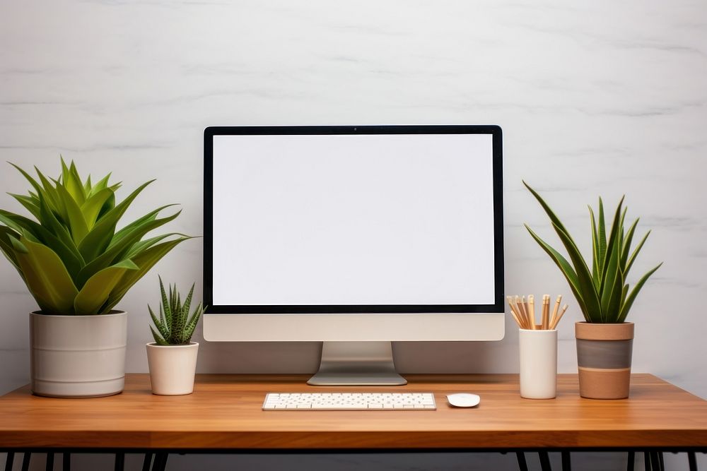 Computer monitor on desk plants minimalist screen.