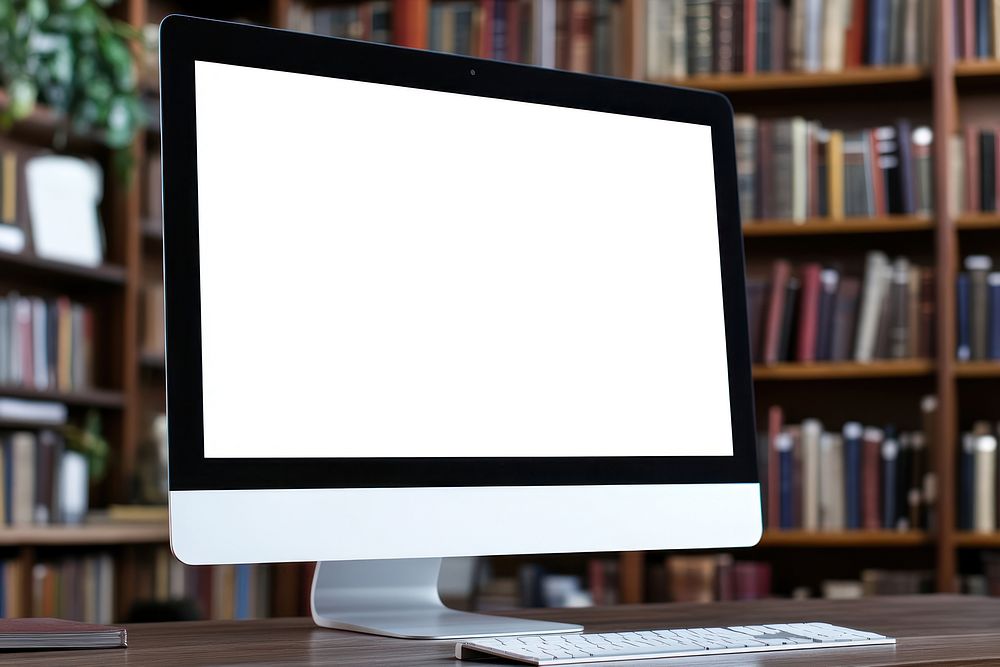 Computer monitor on desk screen books office.