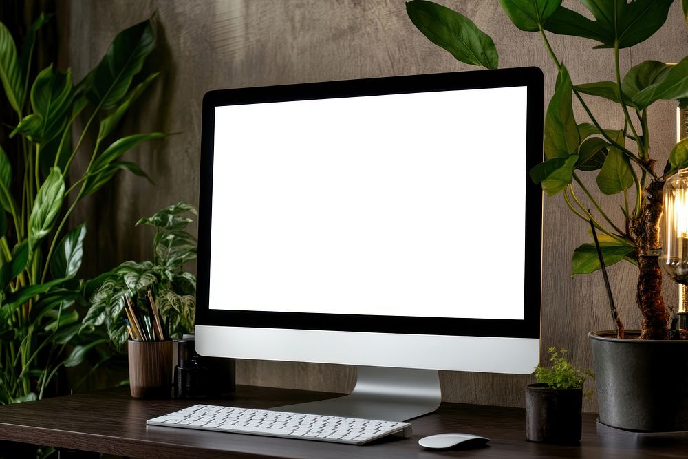 Computer monitor on desk screen plant minimalist.