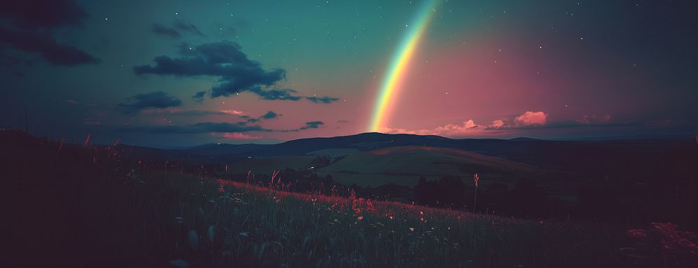 Aesthetic wallpaper rainbow sky landscape.