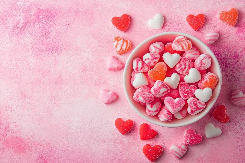 Envelope with hearts candy background dessert sweets.