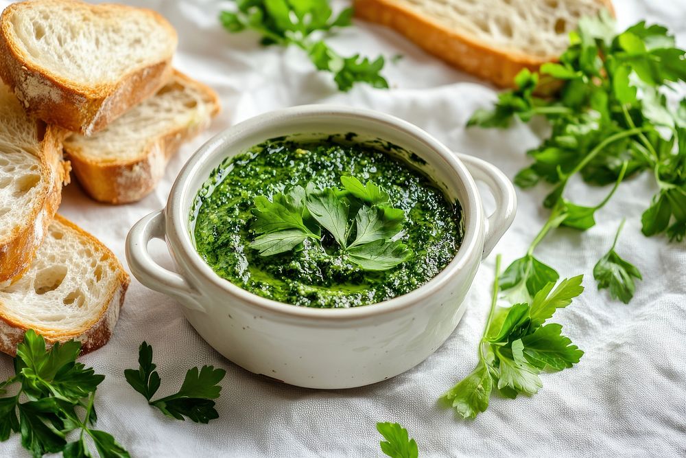 Green cream cheese spread bread fresh herbs.