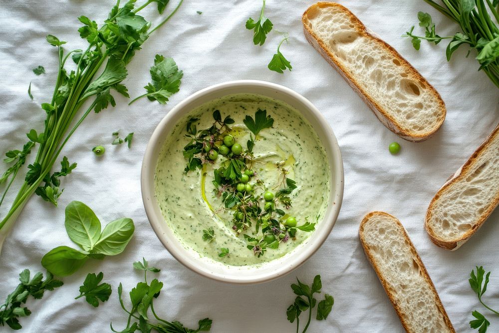 Green cream cheese spread with fresh wild leeks and coriander herbs bread meal.