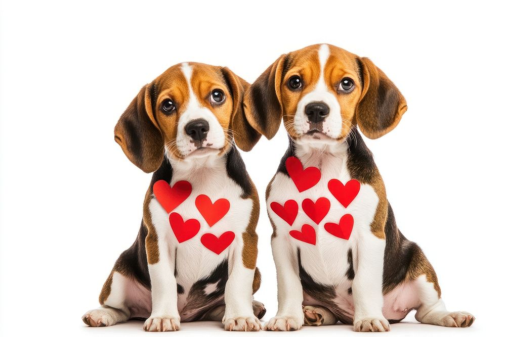 Twos cute Beagles with many red paper hearts on their body and heads beagle puppies puppy.