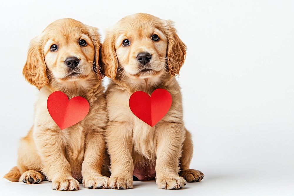 Twos cute puppy golden retrievers with many red paper hearts on heads and body puppies pets love.