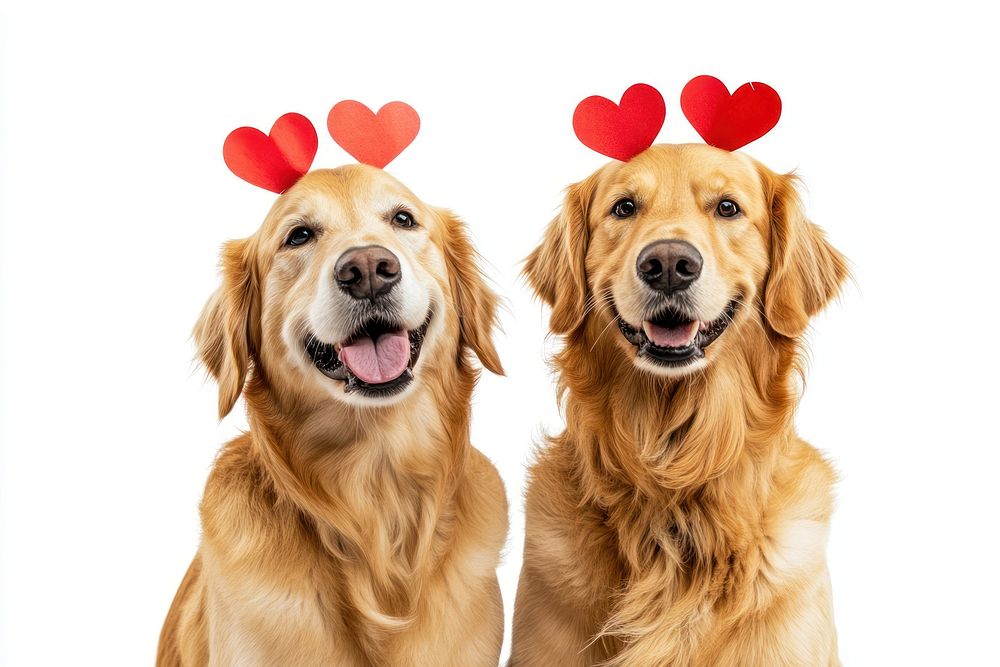 Twos golden retriever with red paper hearts on their heads retrievers animals dogs.