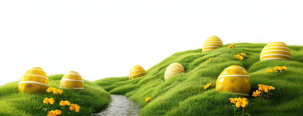 6 Easter eggs landscape vibrant nature.