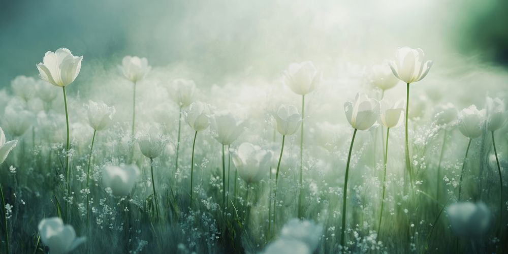 Field of white tulips flowers green tranquil.