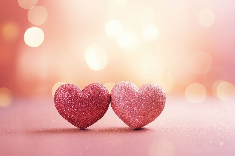 Two red hearts on a pink glitter background valentine's romantic symbol.