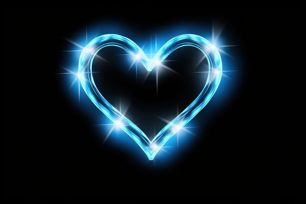 A white heart outline glowing with neon light digital symbol blue.