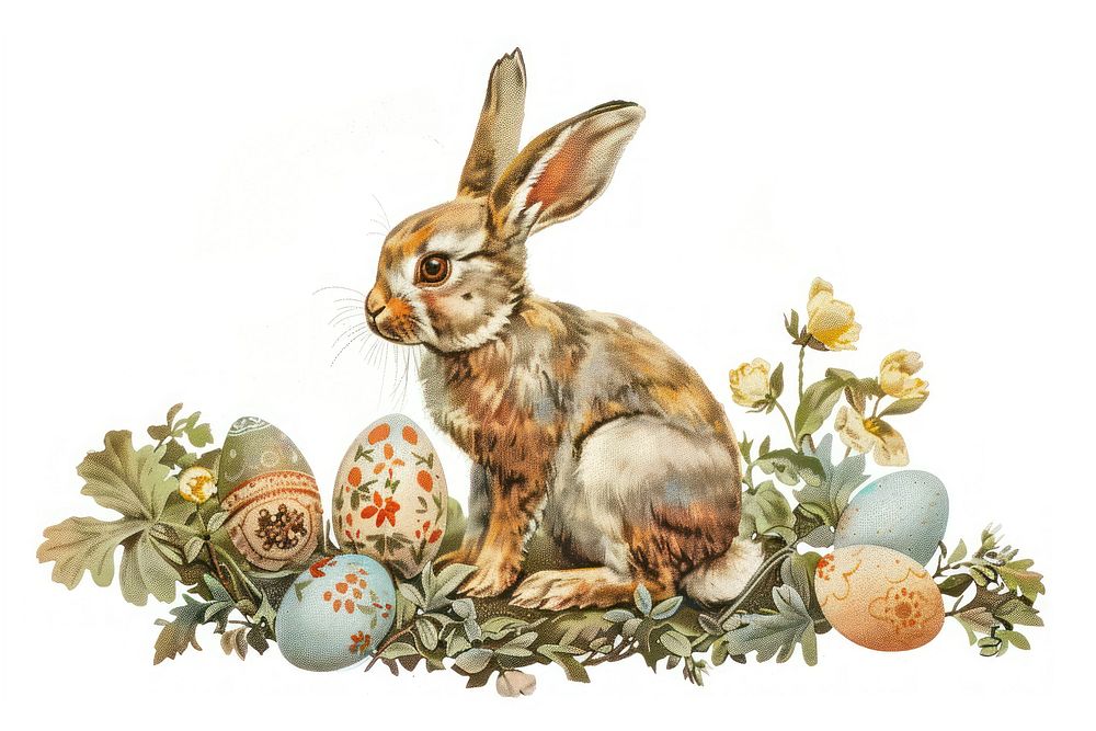 Easter bunny and easter eggs vintage rabbit illustration.