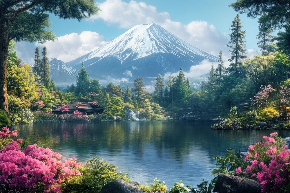 The breathtaking Mount Fuji lake landscape scenery.