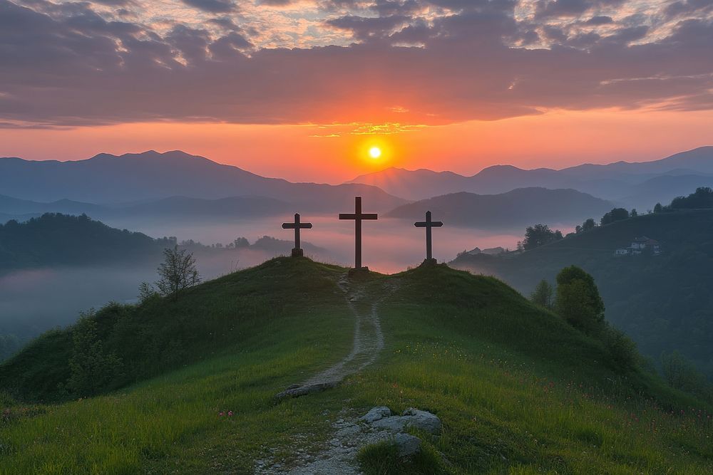 Crucifix Of Jesus Christ sunrise crosses landscape.