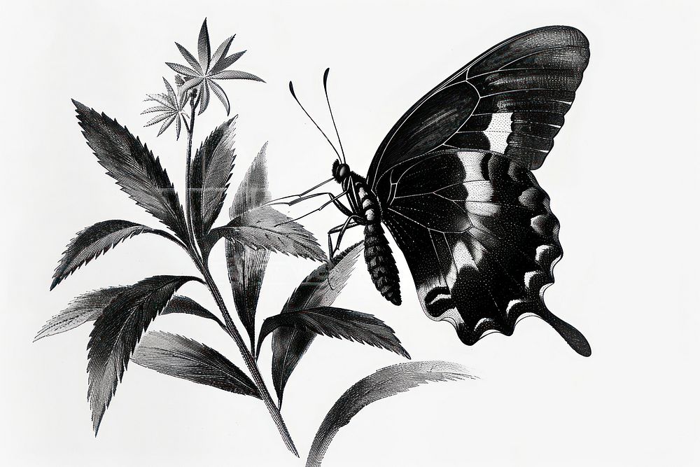 Butterfly with nature illustration drawing vintage.