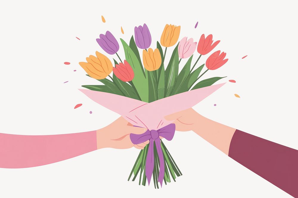 Two hands holding flowers illustration colorful bouquet vector