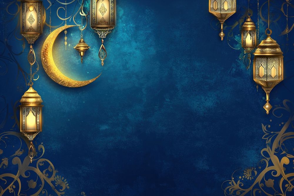 Ramadan Kareem greeting background crescent lanterns patterns.