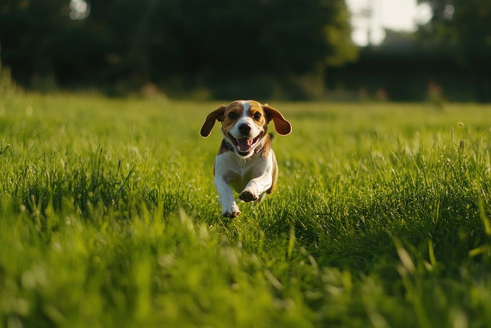 Beagle running beagle grass outdoors.