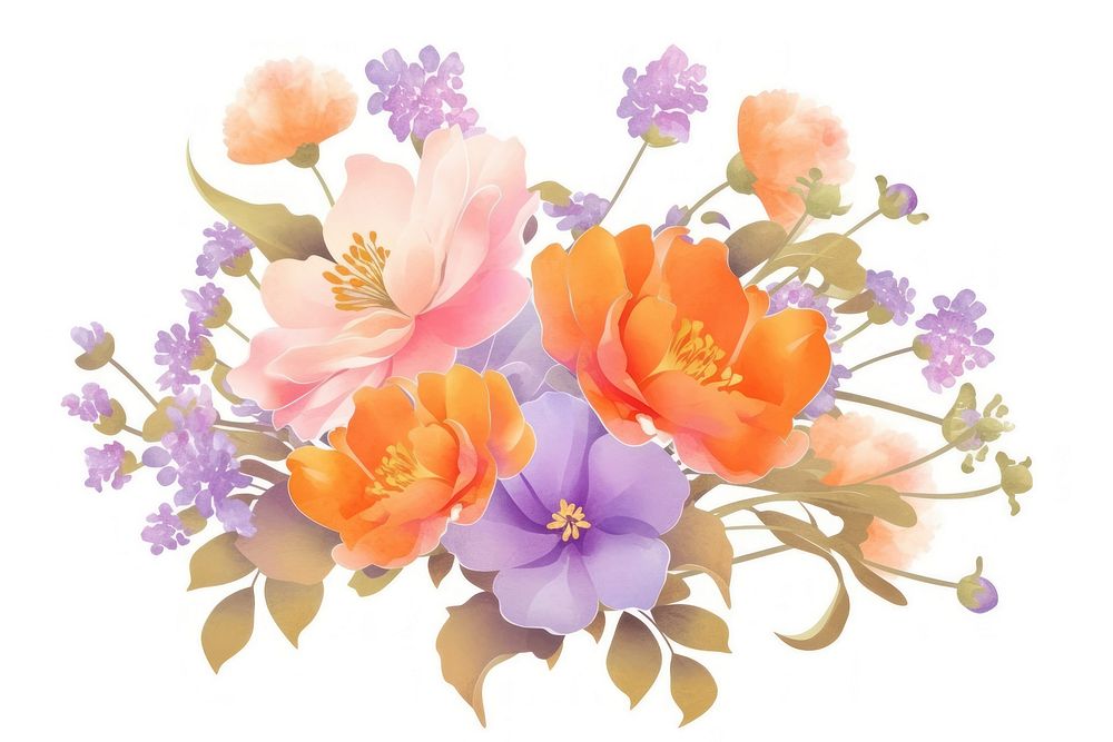 Pastel coquette orange pink purple bouquet art illustration watercolor.