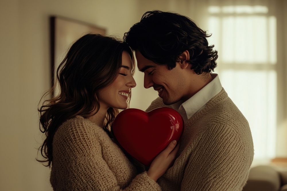 A hispanic man gives his girlfriend a red heart-shaped chocolate box romantic sweaters lighting.