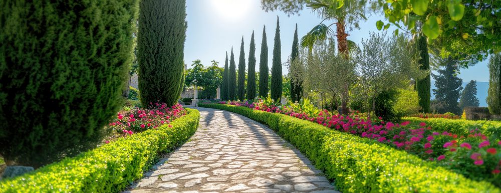 Colorful spring flower garden landscape trees path.