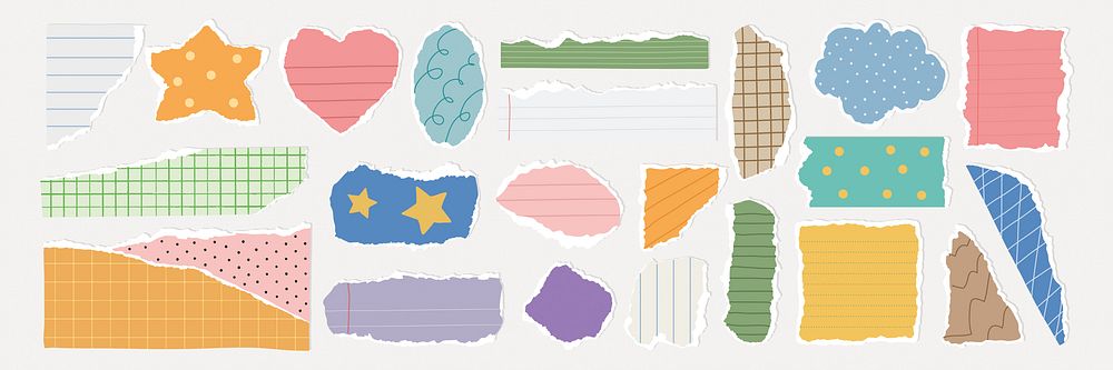 Colorful torn paper pieces in various shapes and patterns. Torn paper in star, heart, and cloud shapes. Bright, colorful…