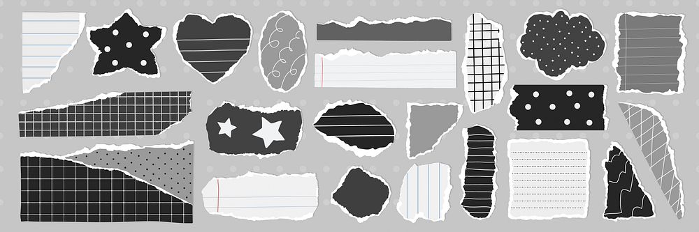 Collection of torn paper shapes in various patterns. Torn paper includes stars, hearts, and clouds. Patterns include polka…